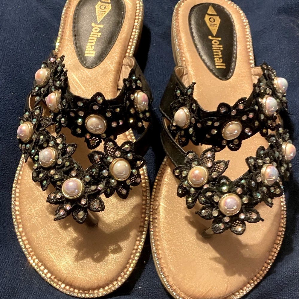 Joli Jolimall Black Rhinestone Sandals W/Pearl Band Rhinestone  Sz 7
